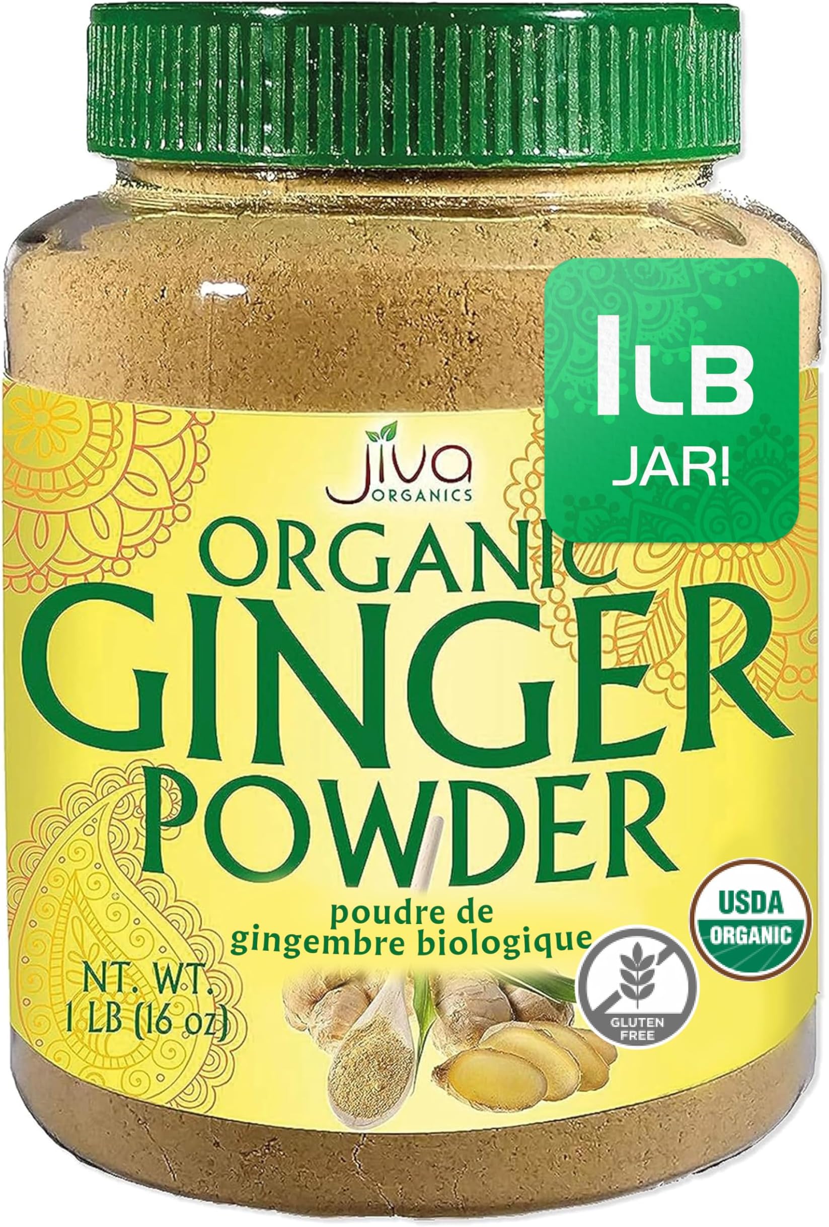 Organic Ginger Root Powder 1 LB Jar - Gluten Free, Non-GMO - for Cooking, Baking, Tea & More - Bulk Ginger Ground Dry