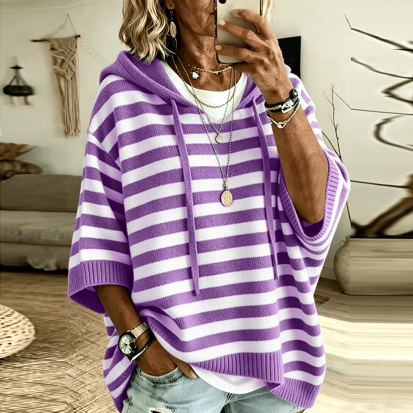 Pullover Damen 3/4 Arm Gestreiftes Strick Shirt Lose College Hoodie