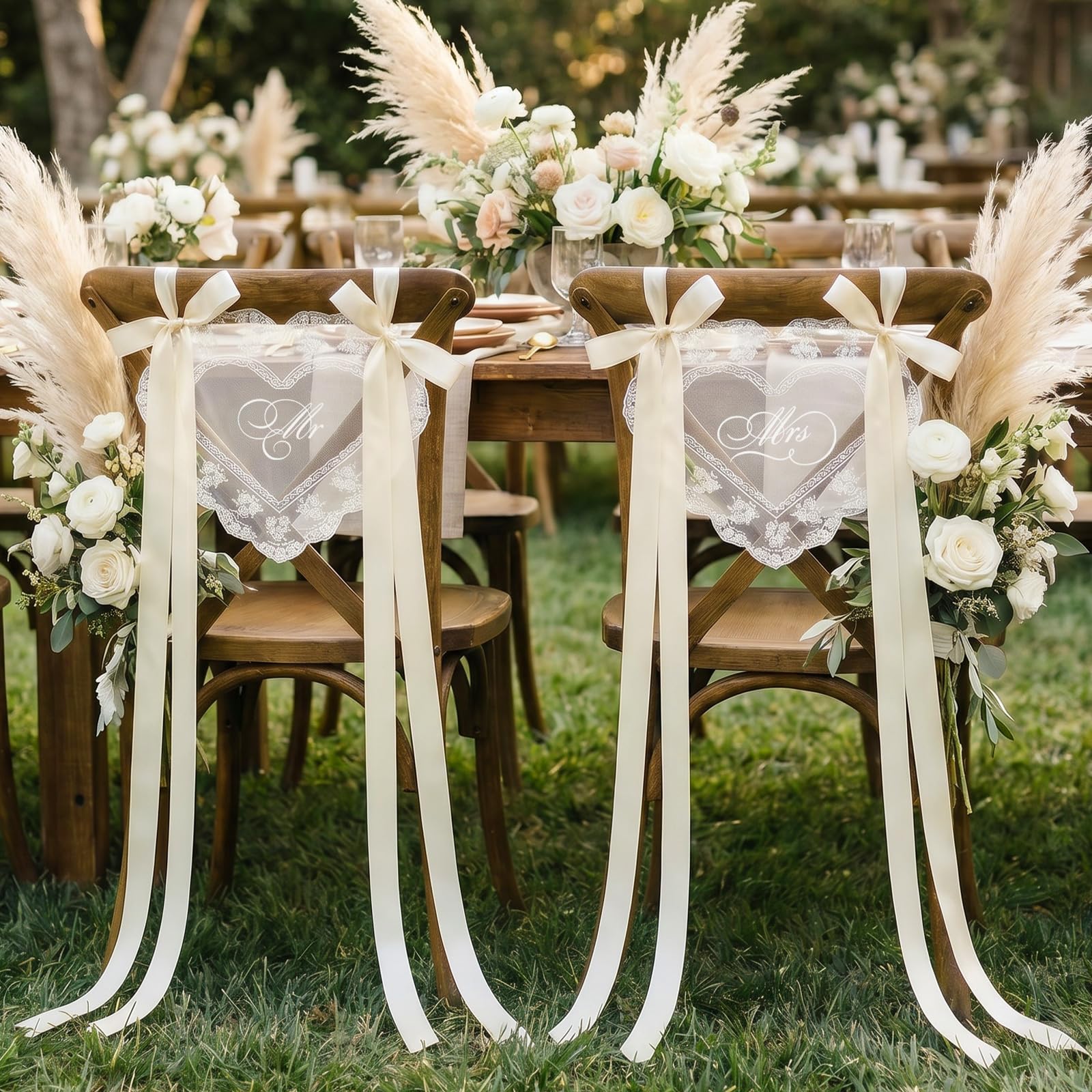 2 Pcs Lace Just Married Wedding Chair Signs Set, Romantic Sweetheart Table Chair Back Banners Decoration with Soft Satin Ribbon, Bride Groom Seating Decor for Wedding Reception, Ceremony(Mr Mrs)