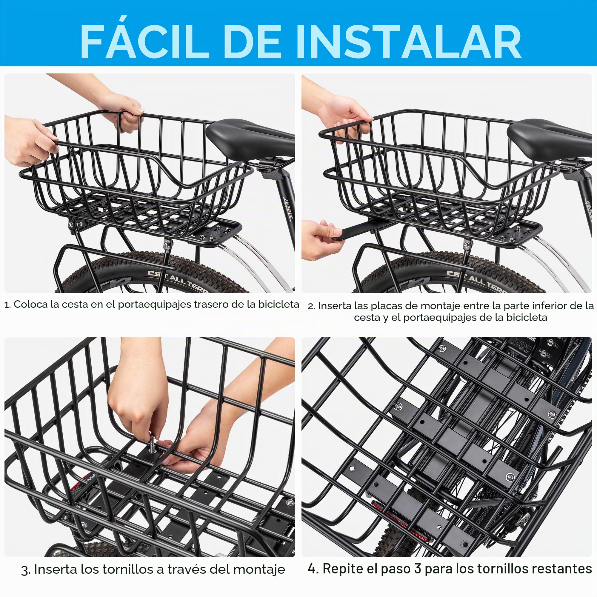 Cesta trasera para bicicleta grande con red y cubierta, negro