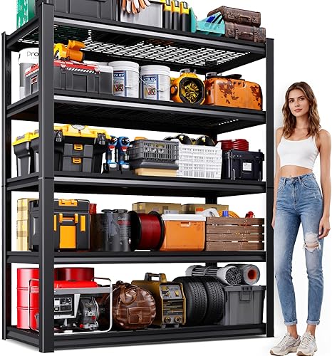 Miniatura 29 de Estantería de garaje de 71 pulgadas de alto, estantes de almacenamiento de 5 niveles, metal resistente, estante ajustable de acero para almacén,