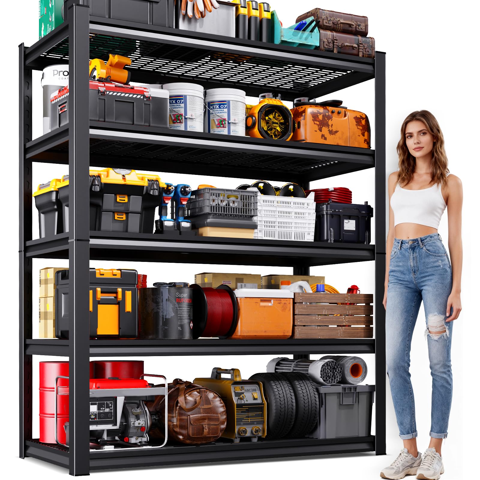 Garage Shelving-3000 lbs 5 Tier Storage Shelves, Adjustable Heavy Duty Metal Shelving Unit and Storage Large Wire Rack, Utility Steel Shelf for Warehouse Industrial Pantry Basement -78"x46"x20", Black