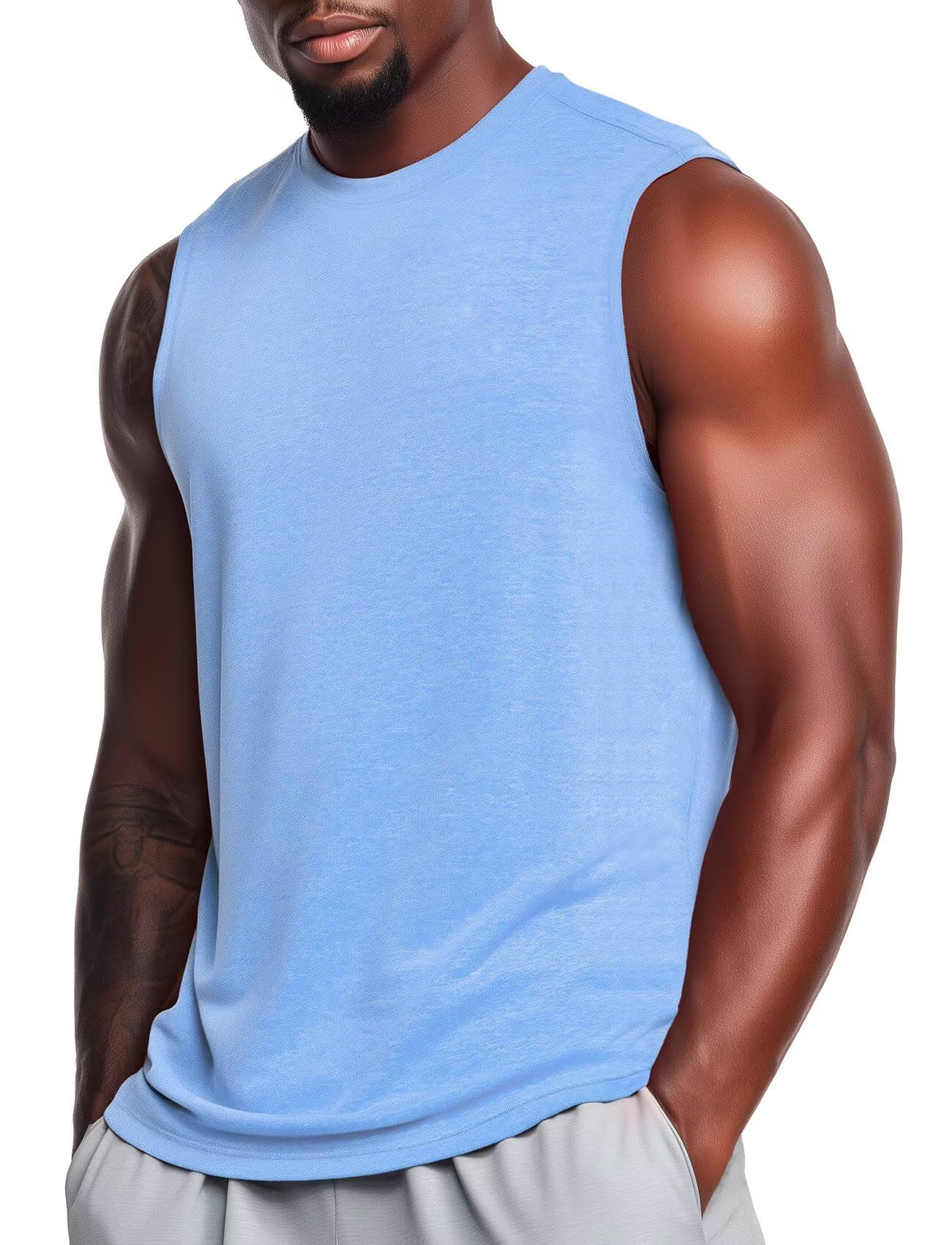 Zengjo Men Running Vests Quick Dry Seeveess Running Top, L, Sky Blue Heather