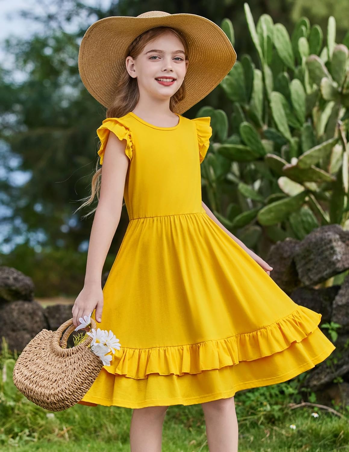 Arshiner Girls Dress Tween Boho Flutter Sleeve Tiered A Line Summer Dresses with Pockets - Image 2