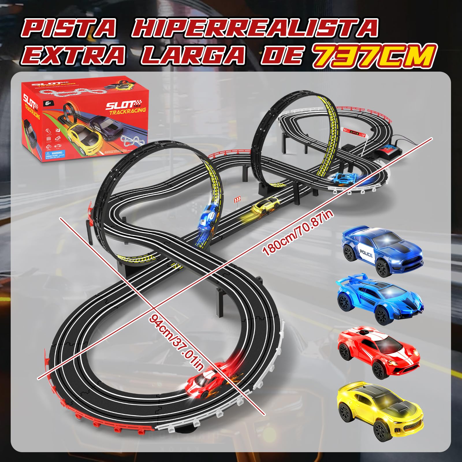YOOHBERRYS Pista Carreras Electrica, 1:64 Pista Coches Niños Pista Autos -4 LED Coches, USB, Control Remoto, Contador Vueltas, Bucle 360°, Extralargo Circuito Coche 3+ Años Juguete Regalos (737CM)