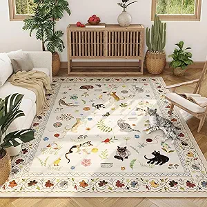 Living Room Rug 5x7 Rug Machine Washable Boho Area Rug Non Slip Floral Animal Cat Vintage Low Pile Large Rugs for Living Room Bedroom Farmhouse Dining Room Kids Playroom, Beige