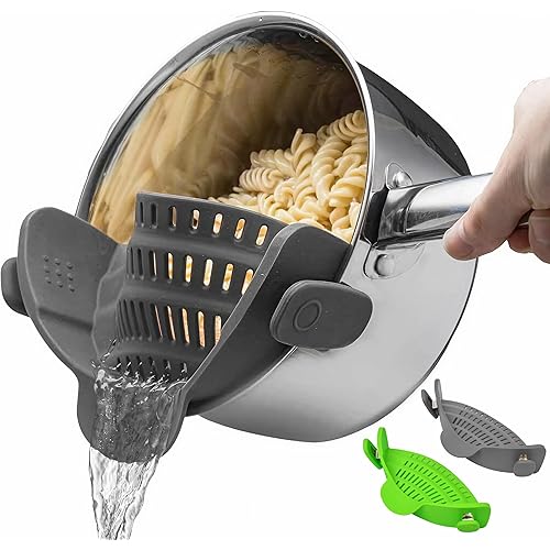 2 Pack Kitchen Gizmo Snap-On Strainer - Silicone Clip-On Strainer for Pots and Pans - Collapsible Design - Heat Resistant Colander for Vegetables and Noodles - Ideal for Rice, Grains - Green/Grey