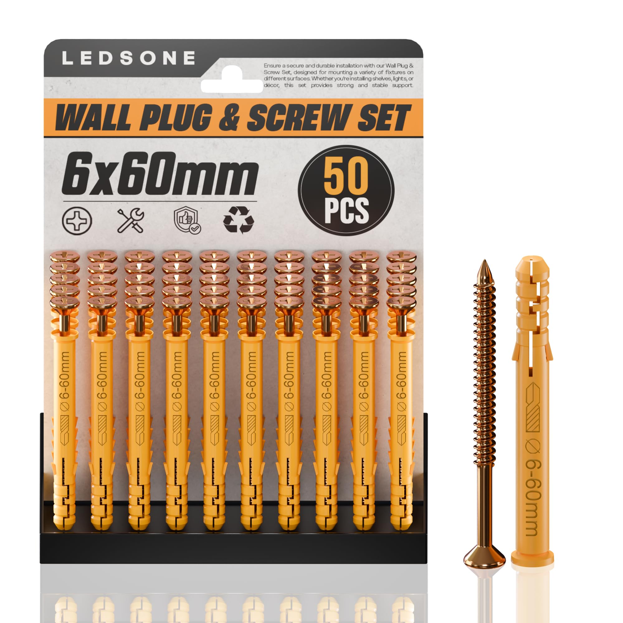 LEDSone 50 Pcs Screws and Wall Plugs Set(50 x Masonry Screws, 50 x Expansion Anchor Bolts), 6mm x60mmWall m6,m8 Plug, for Brick Concrete Drywall Self Tapping Screw and Wall Plugs