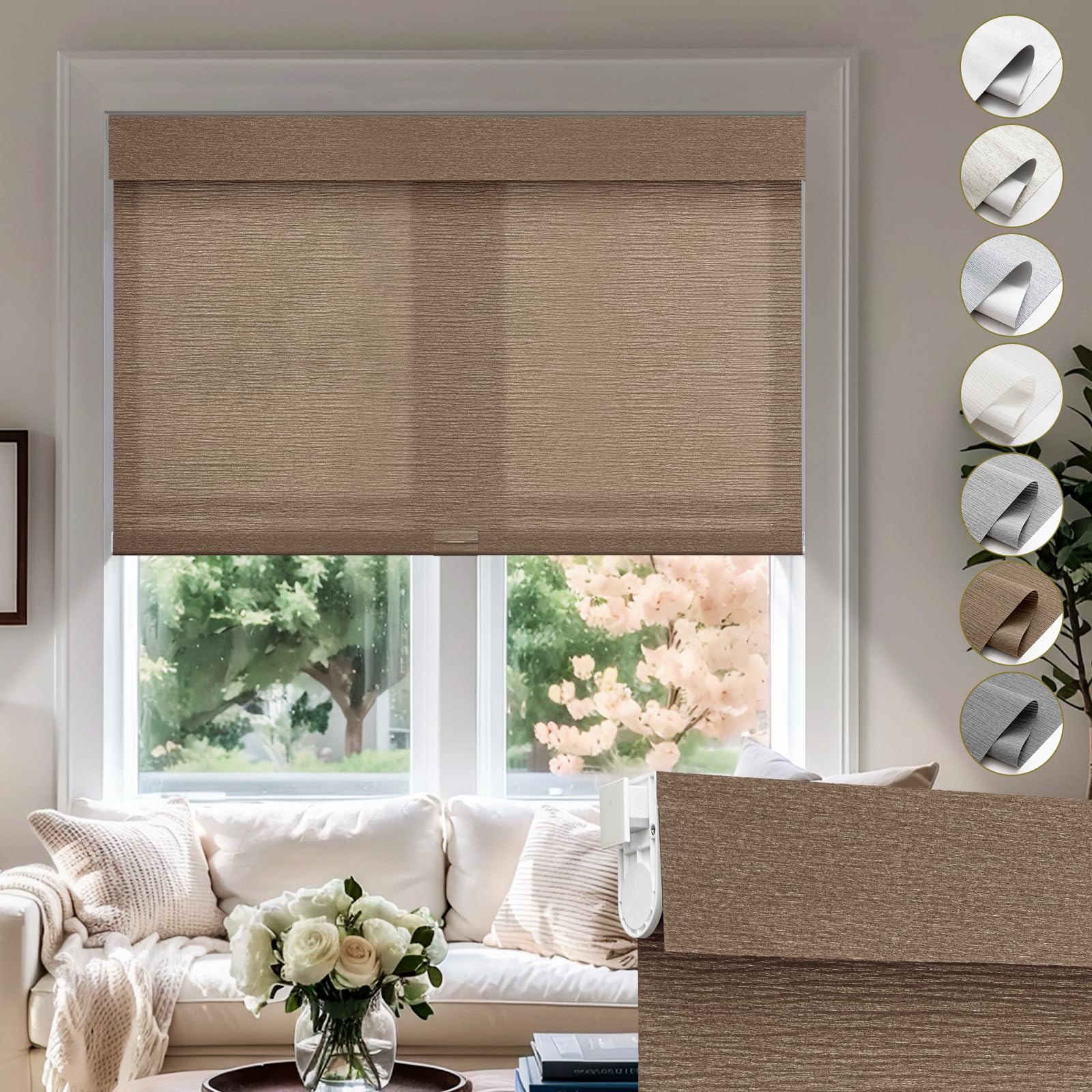 Moonice No Drill No Tools Cordless Roller Blinds for Windows Light Filtering Shades Valance Jacquard Linen Fabric Room darkening shade Privacy Blind for Home Bathroom(Brown,135cm W x 135cm H)