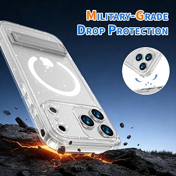 iPhone 17 Pro用ケース、内蔵キックスタンド、MagSafe対応、スリム半透明耐衝撃落下防止保護携帯電話ワイヤレスバンパーカバー、クリアキラキラ