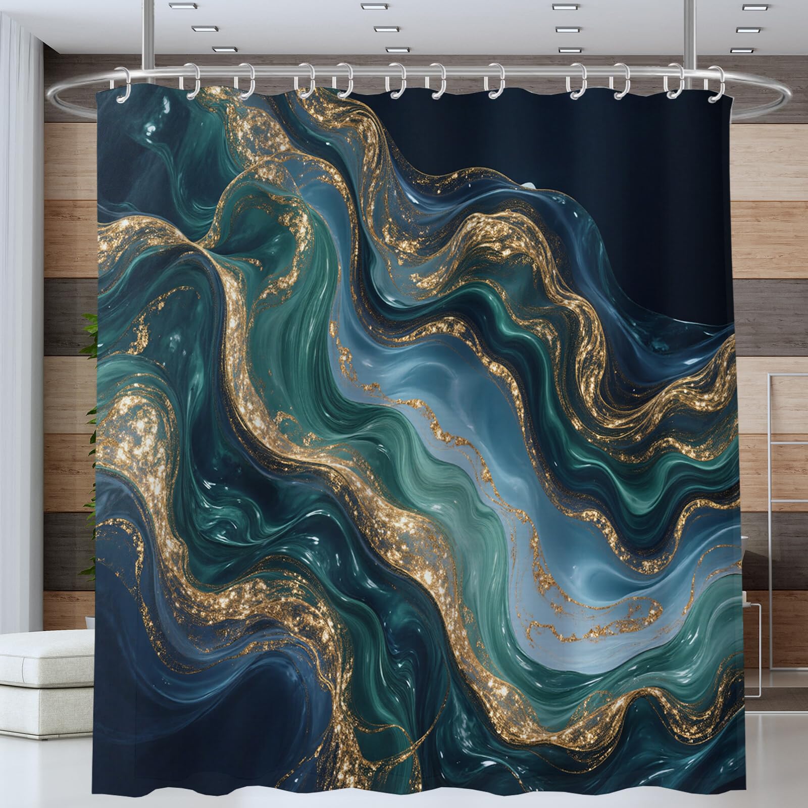Rideau Douche, Rideau Baignoire Lavable en Machine Rideaux Douche Tissus Lavable Rideau De Baignoire Lavable pour Salle De Bain Domicile Baignoire Famille, Vagues Fluides,