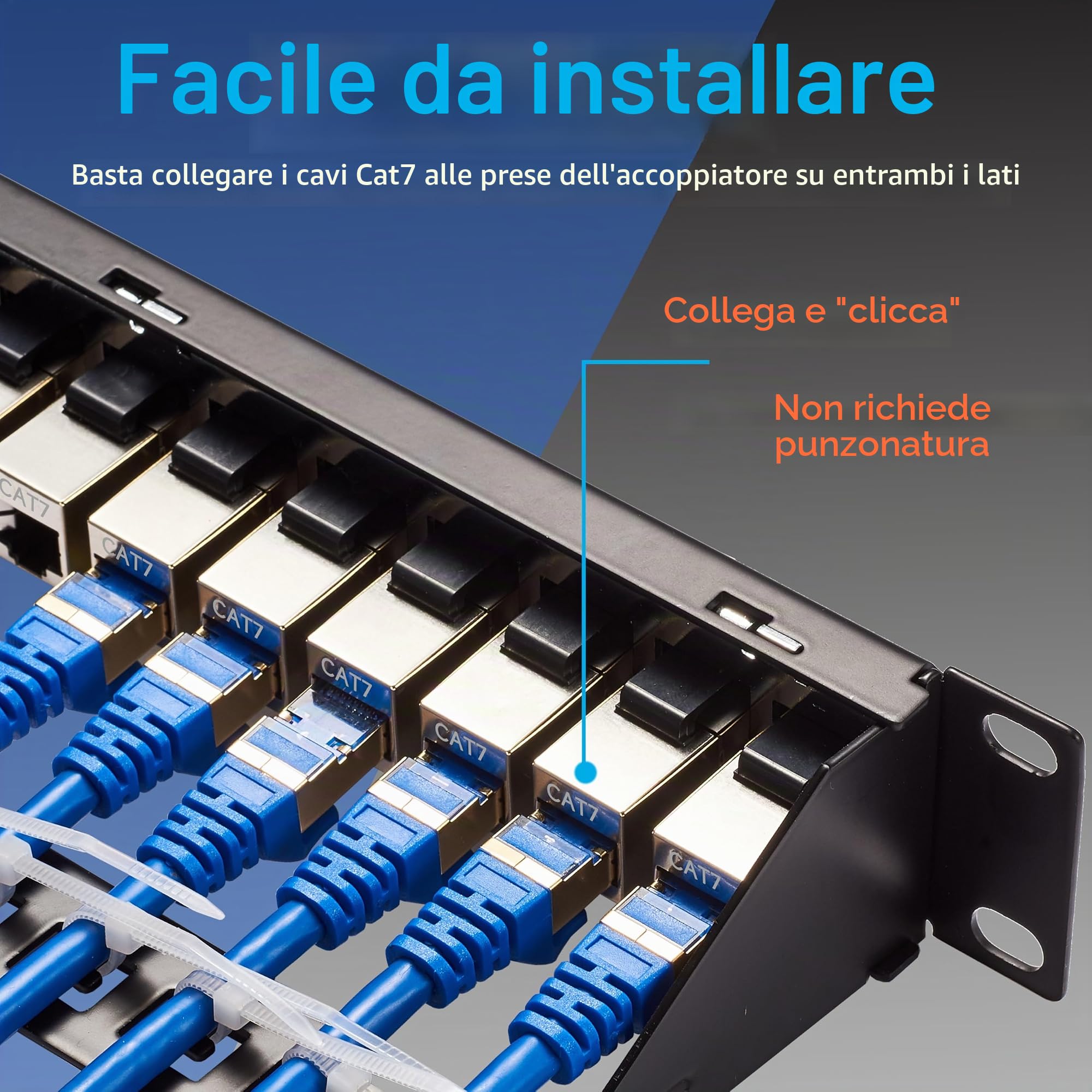 Pannello patch RJ45 a 24 porte Cat7 STP Feed Through, accoppiatore di rete Patch Panel da 48 cm, pannello patch Ethernet Keystone in linea con barra posteriore