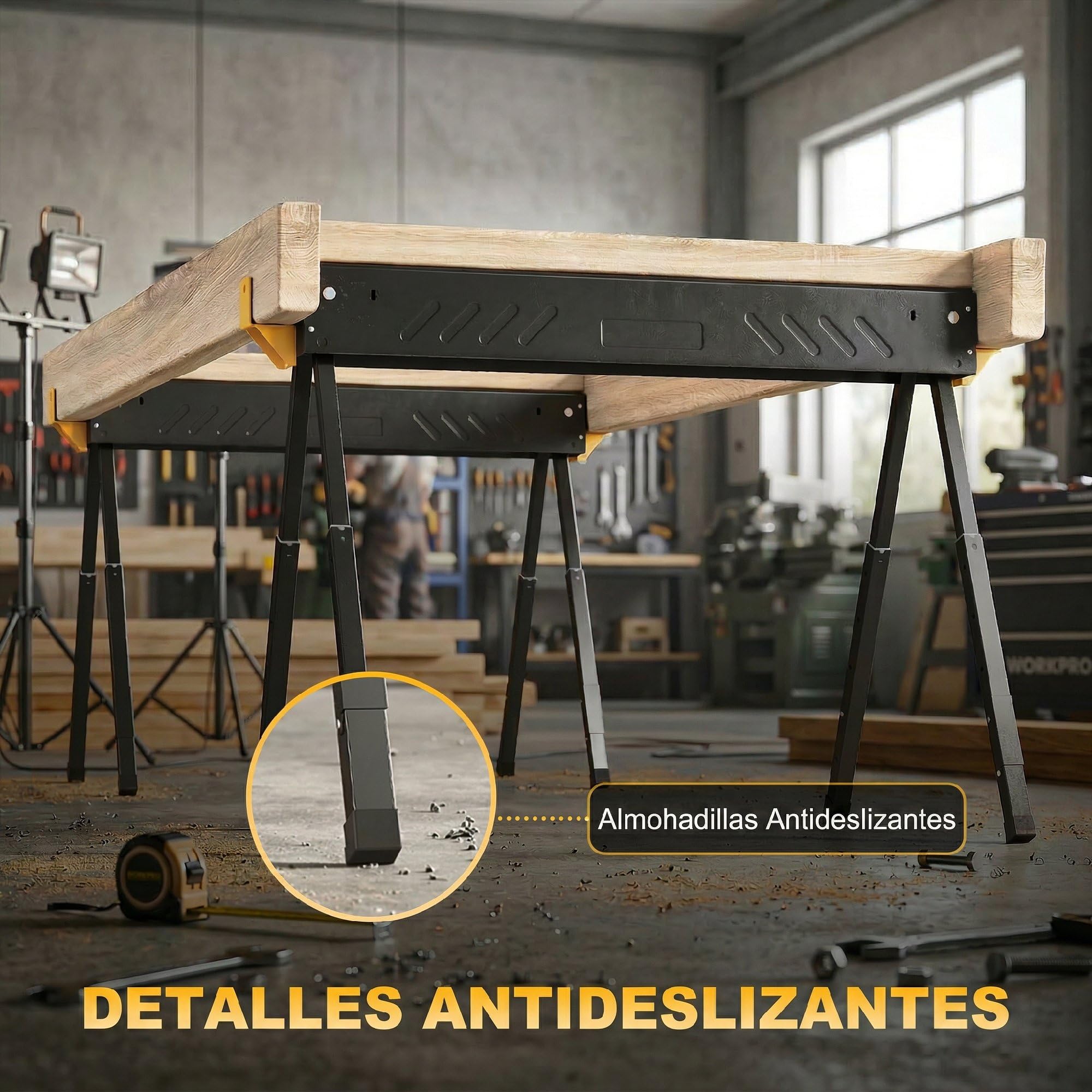 HOMCOM Set de 2 Caballetes para Sierra Plegables, Banco de Trabajo, Altura Ajustable, para Madera 2x4, con Asa, Ganchos, Base Antideslizante, para Carpintería y Bricolaje, Soporta hasta 500 kg, Negro