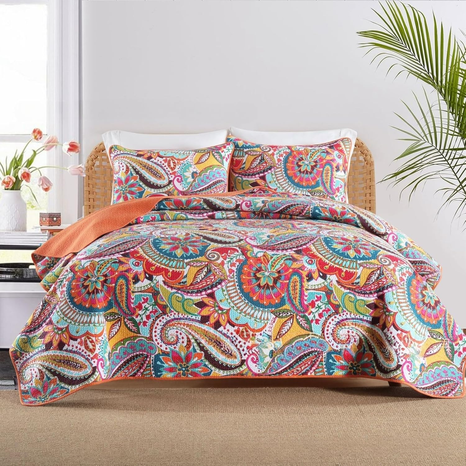 USTIDE Colorful Paisley Print Cotton Bedspreads King Size Bedding Floral Coverlet Quilt Sets, 3 Pieces Reversible Vintage Bedspread comforters 230x250cm