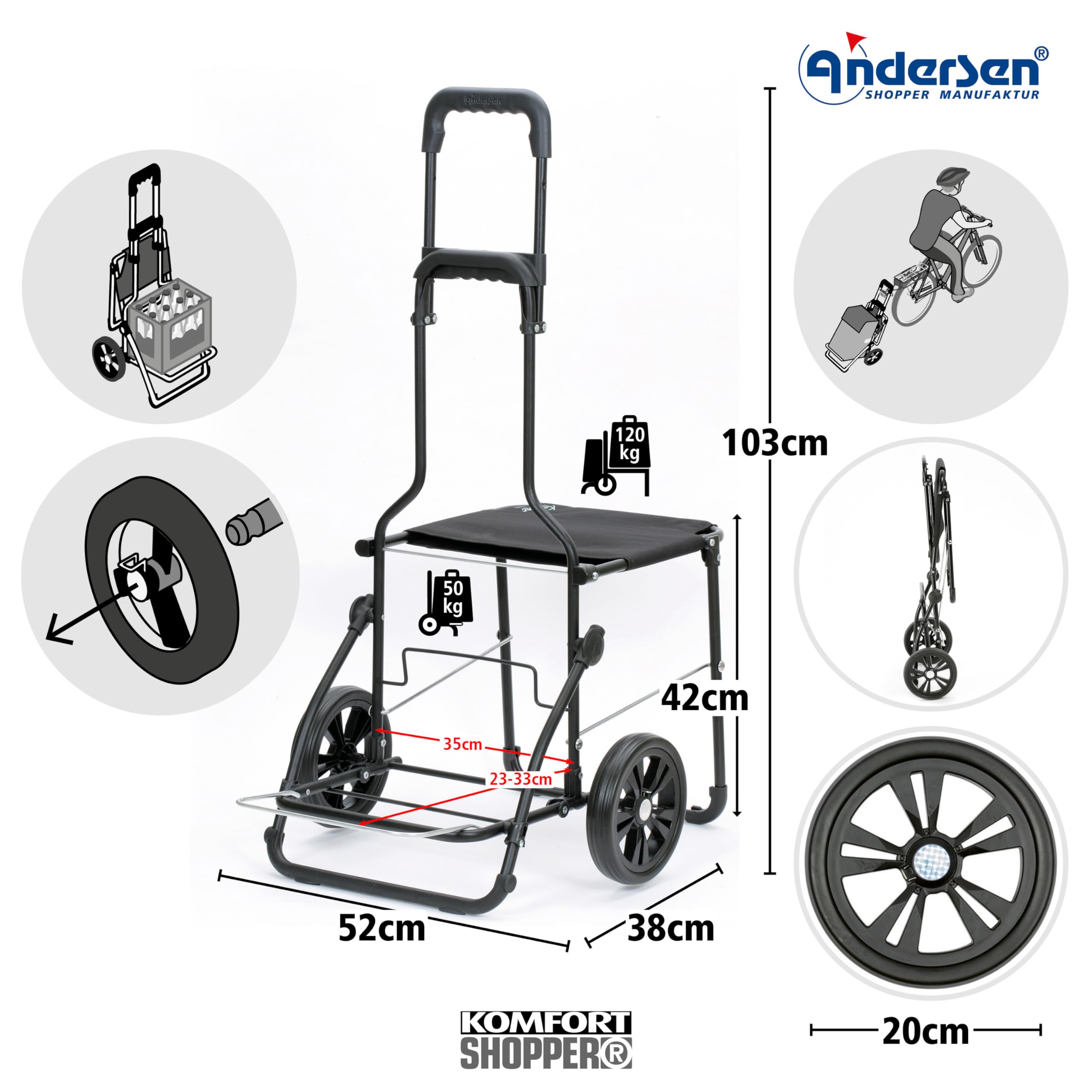 ANDERSEN Einkaufstrolley - Komfort Shopper Senta 2.0 rot | mit Sitz, klappbar, aus Stahl, bis 50 kg - Tasche mit Kordelzug, Fronttasche, Reflektoren, 49 L