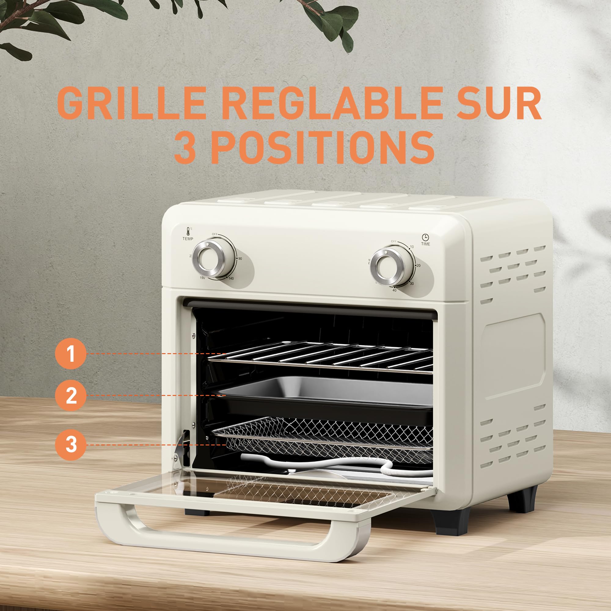 HOMCOM Mini four à air chaud 10L, four à chaleur tournante 1000W friteuse sans huile minuterie 60 min avec température réglable 80°C-230°C, plaque & grille de cuisson inclus, crème