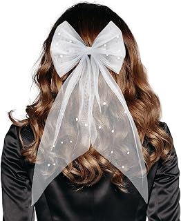 Bridal Pearl Hair Bow Veil, Elegant Bachelorette Party Veil White Bow Tulle Wedding Hair Clip With Pearls Party Decorations Gift Bachelorette Outfits for Bride Women