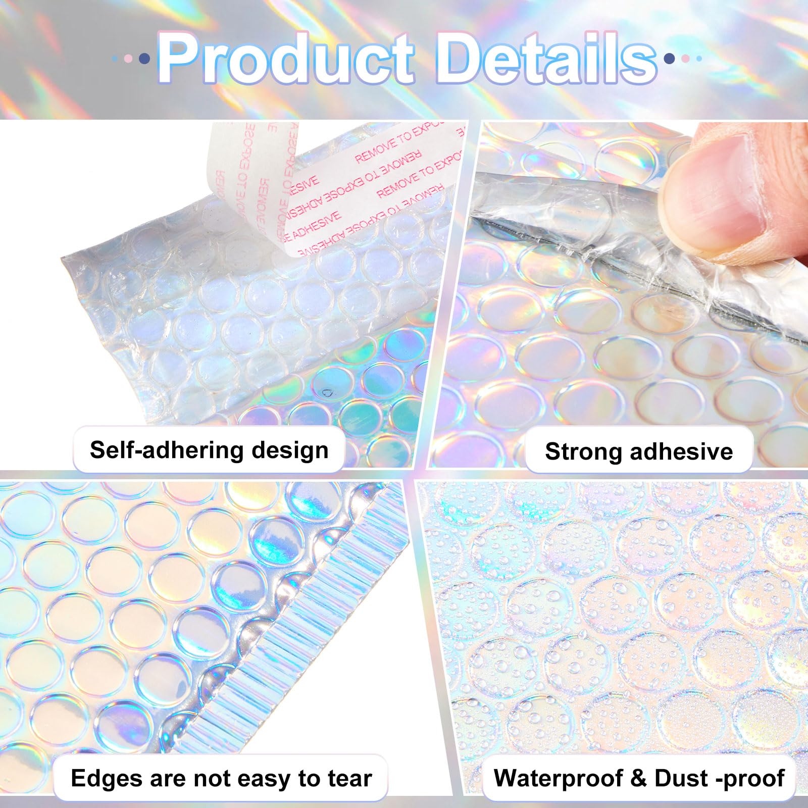 Henoyso 60 sobres holográficos de burbujas de 6 x 9.5 pulgadas, sobres acolchados metálicos, autoadhesivos, impermeables, bolsas de envío gruesas para libros, ropa, maquillaje, joyas, color arcoíris