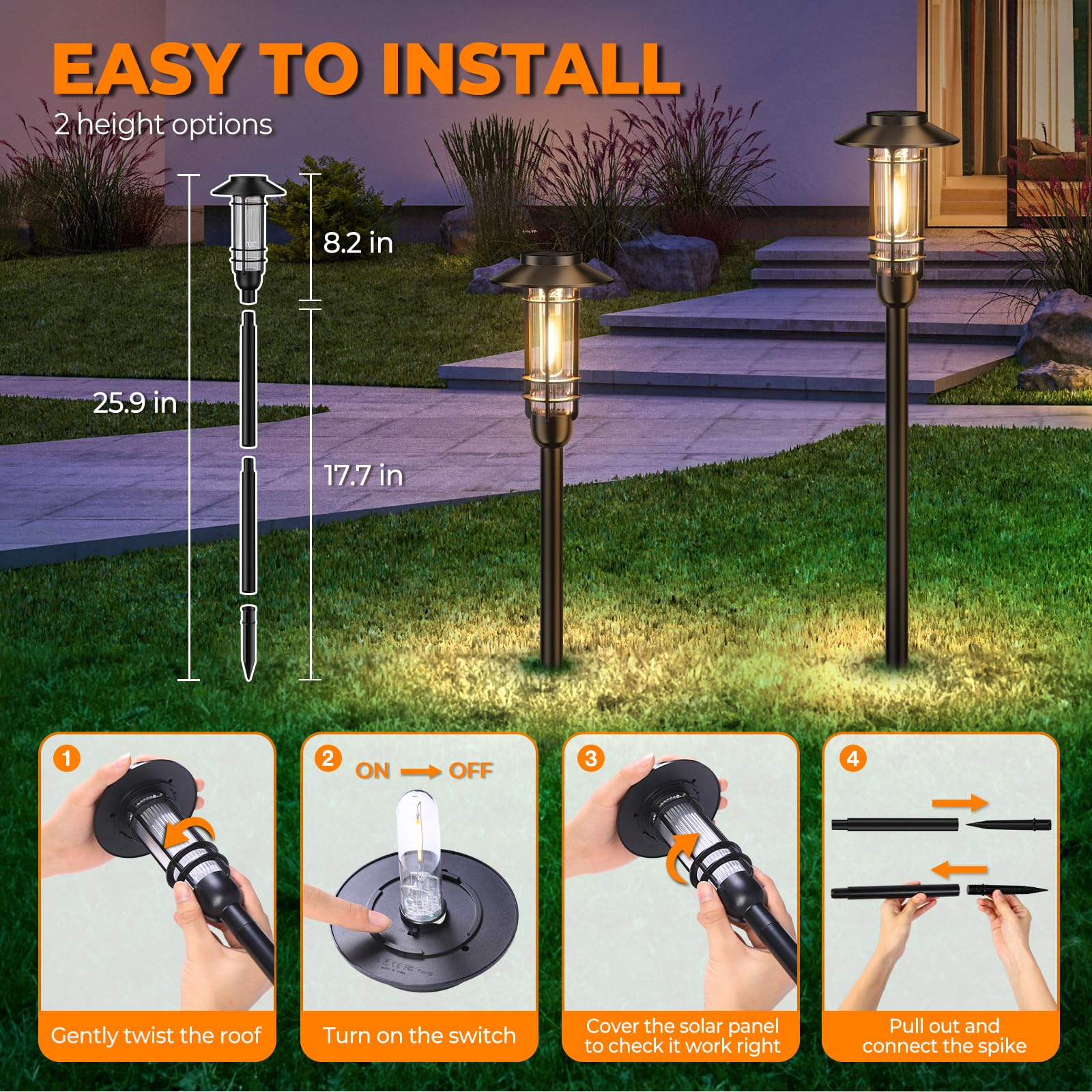 RECHOO Lampade solari per esterni da giardino, da appendere, 2 lanterne solari per esterni con lampadina a LED più grande, IP65, impermeabili, con clip per terrazza, prato, balcone, cortile