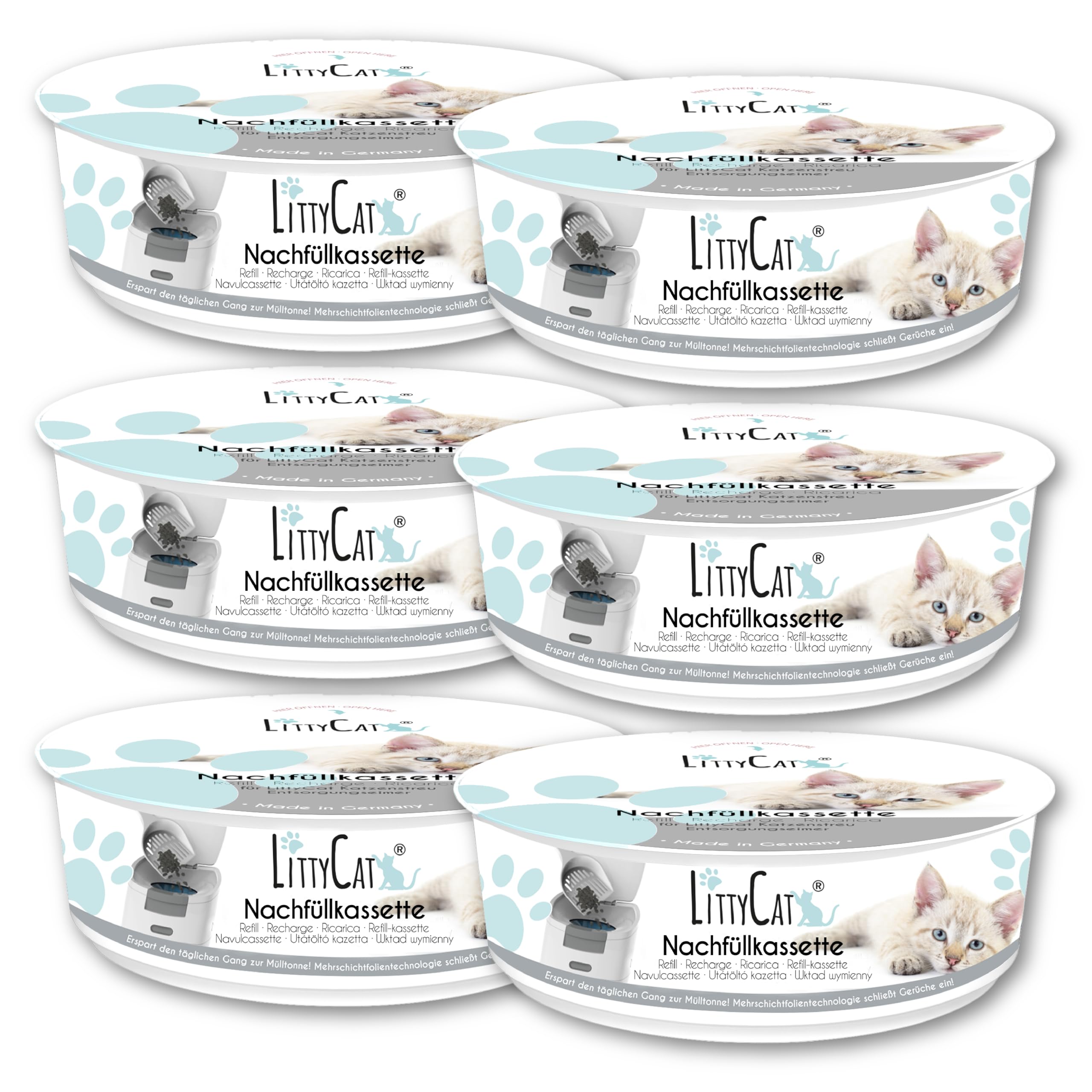 LittyCat® Recharges pour Seau à litière LittyCat (Lot de 6) • Jusqu’à 3 Mois par Cassette • Élimination Propre et sans odeurs de la litière • Système de Gaine pour excréments de Chat