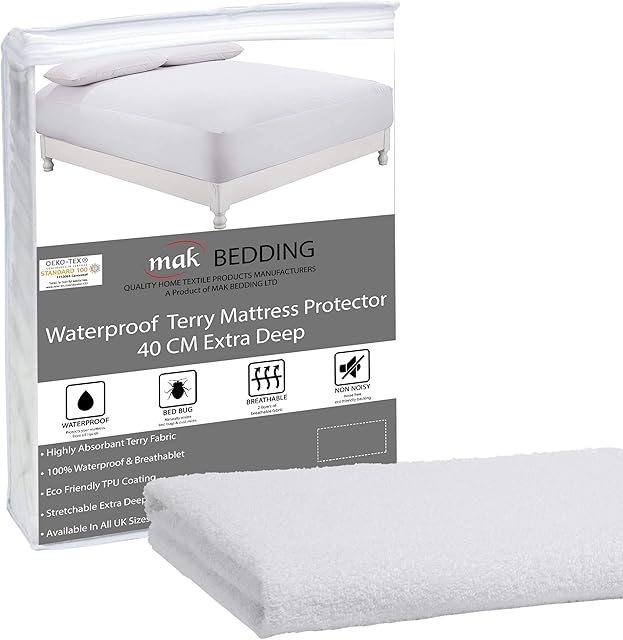 mak Waterproof Cot Bed Mattress Protector Terry Towel Mattress Topper - 15 cm Extra Deep Box Stretch Skirt - Machine Washable Mattress Cover