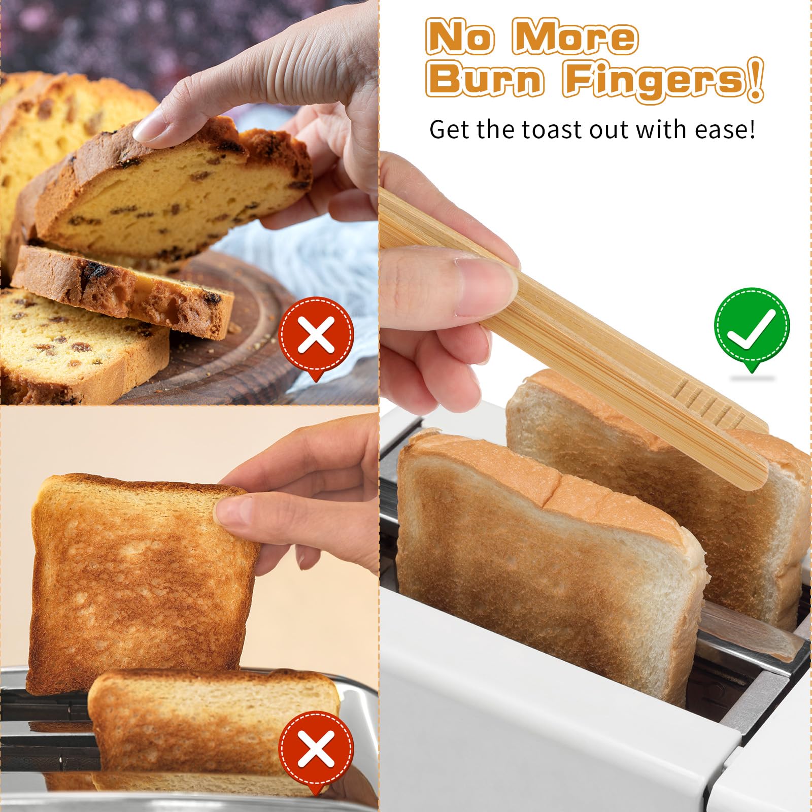 LIQWEI 4 pinze per toast in bambù, 25 cm, pinze in legno, antiscivolo
