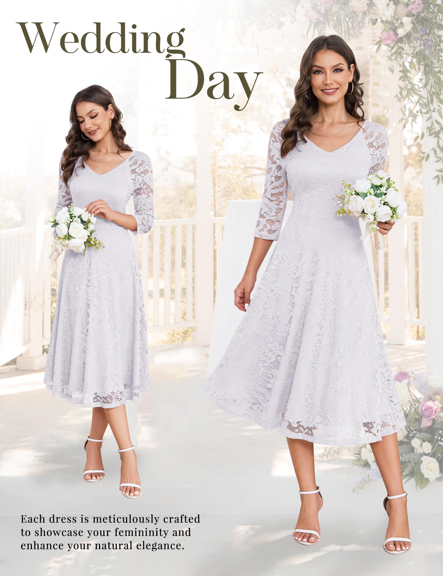 Dressystar Robe de Soirée Cocktail Femme Midi Dentelle Manche Longue sous Genou Robe de Mariage Invitée Col en V Glamour et Chic