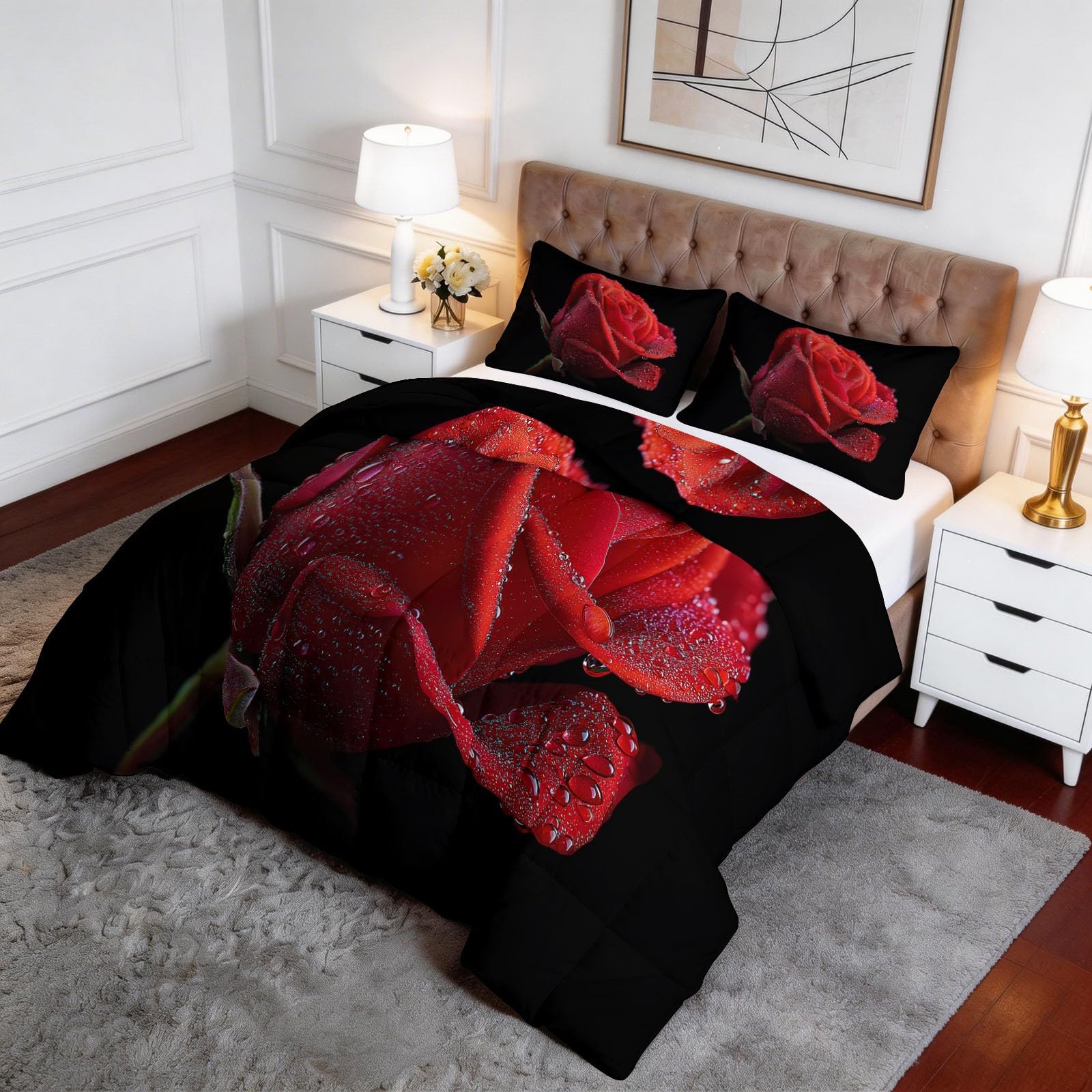 Trapunta Matrimoniale 150x200 cm Rose rosse Piumone 4 Stagioni Microfibra Traspirante Morbida, Trapuntino Copriletto Stampa 3D con 2 Federe 50x80 cm