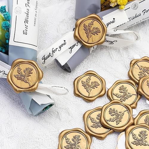 Miniatura 5 de SWANGSA 50 calcomanías de sello de cera de hojas de eucalipto, calcomanías de sellado de sobres de invitación de fiesta de boda de oro antiguo