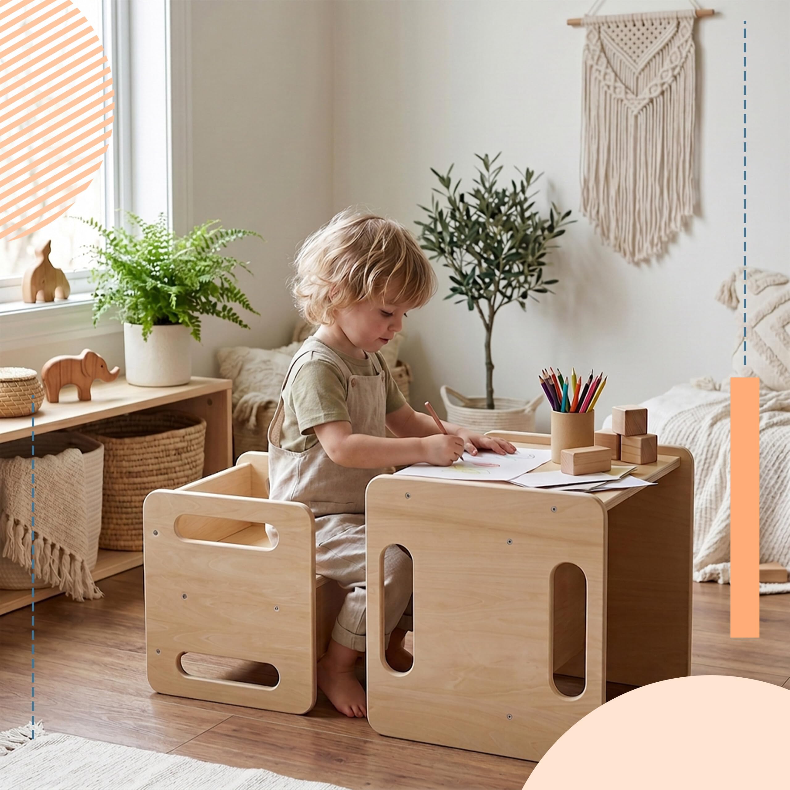 Relaxdays Ensemble 2 pièces pour Enfants, Table et Tabouret en Bois, Style Montessori, Chambre, Naturel