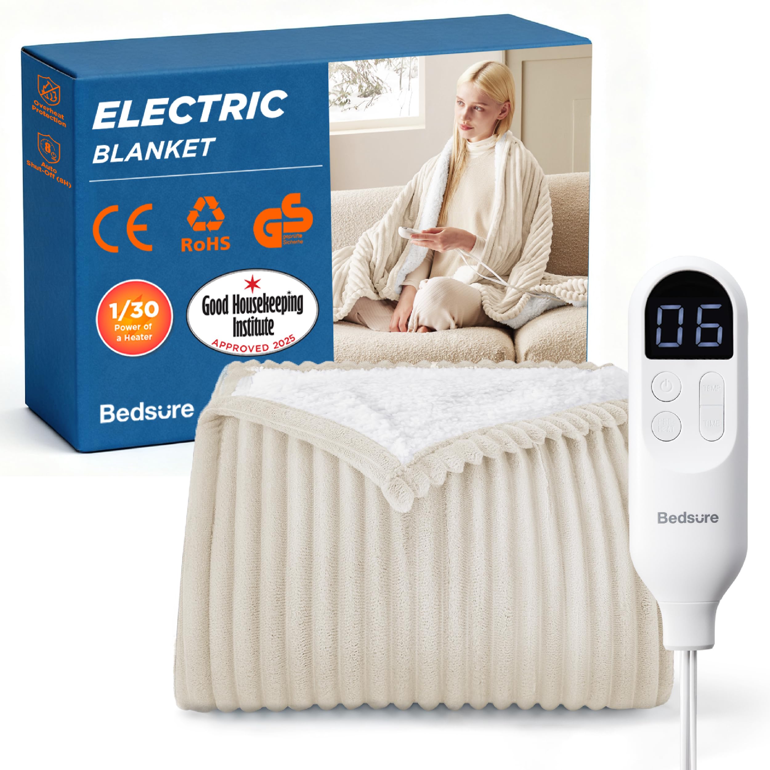 Bedsure Heated Blanket Electric Throw - Ribbed Flannel Electric Blanket, Heating with 10 T...