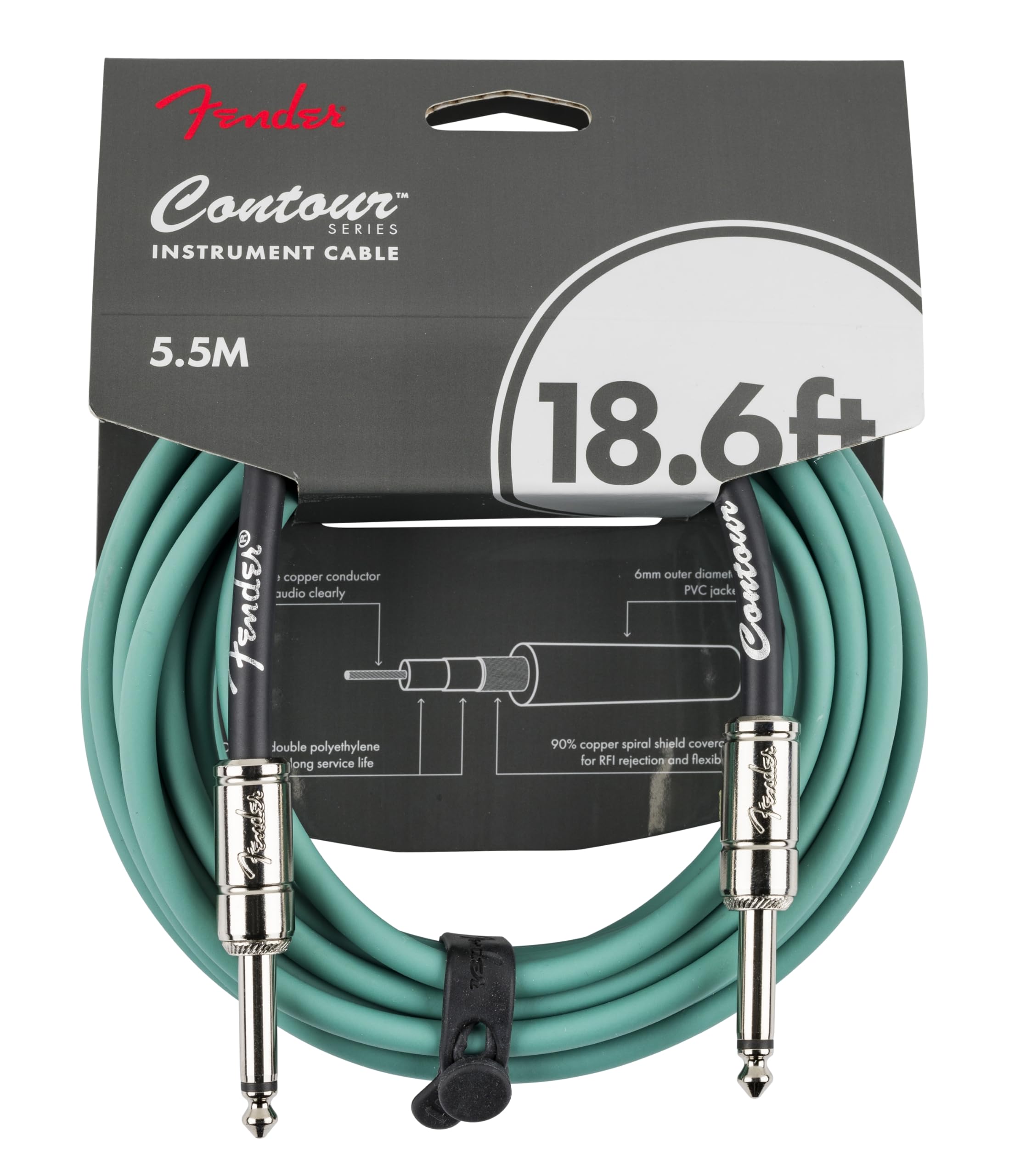 Fender Contour Instrument Cable, Guitar Cable, Guitar Accessories, Straight/Straight, Sherwood Green, 18.6 ft