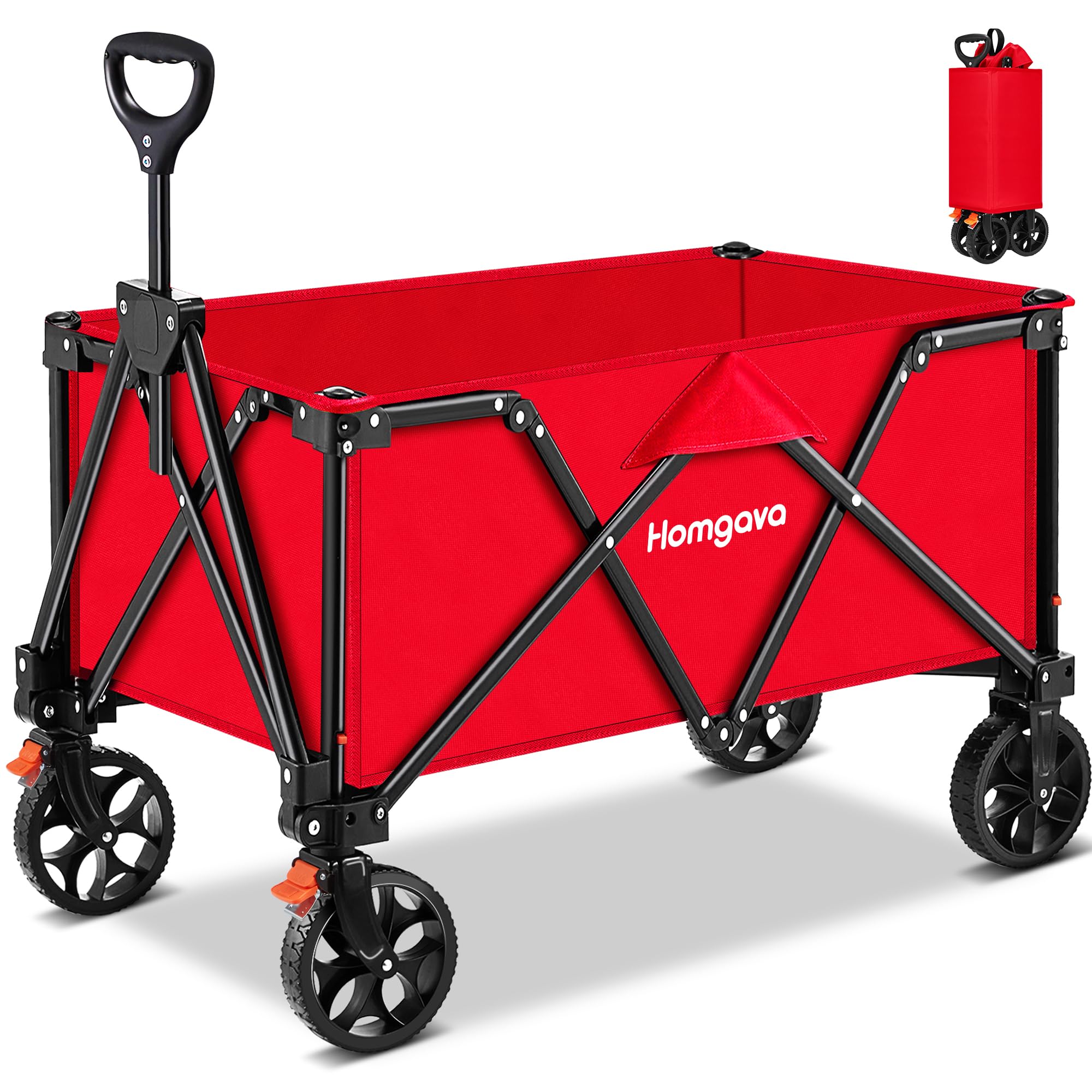 Collapsible Folding Wagon Heavy Duty,Foldable Utility Cart with Wheels,Large Capacity,with 2 Brakes,for Grocery Outdoor Camping Beach Gardening Shopping Fishing,Red