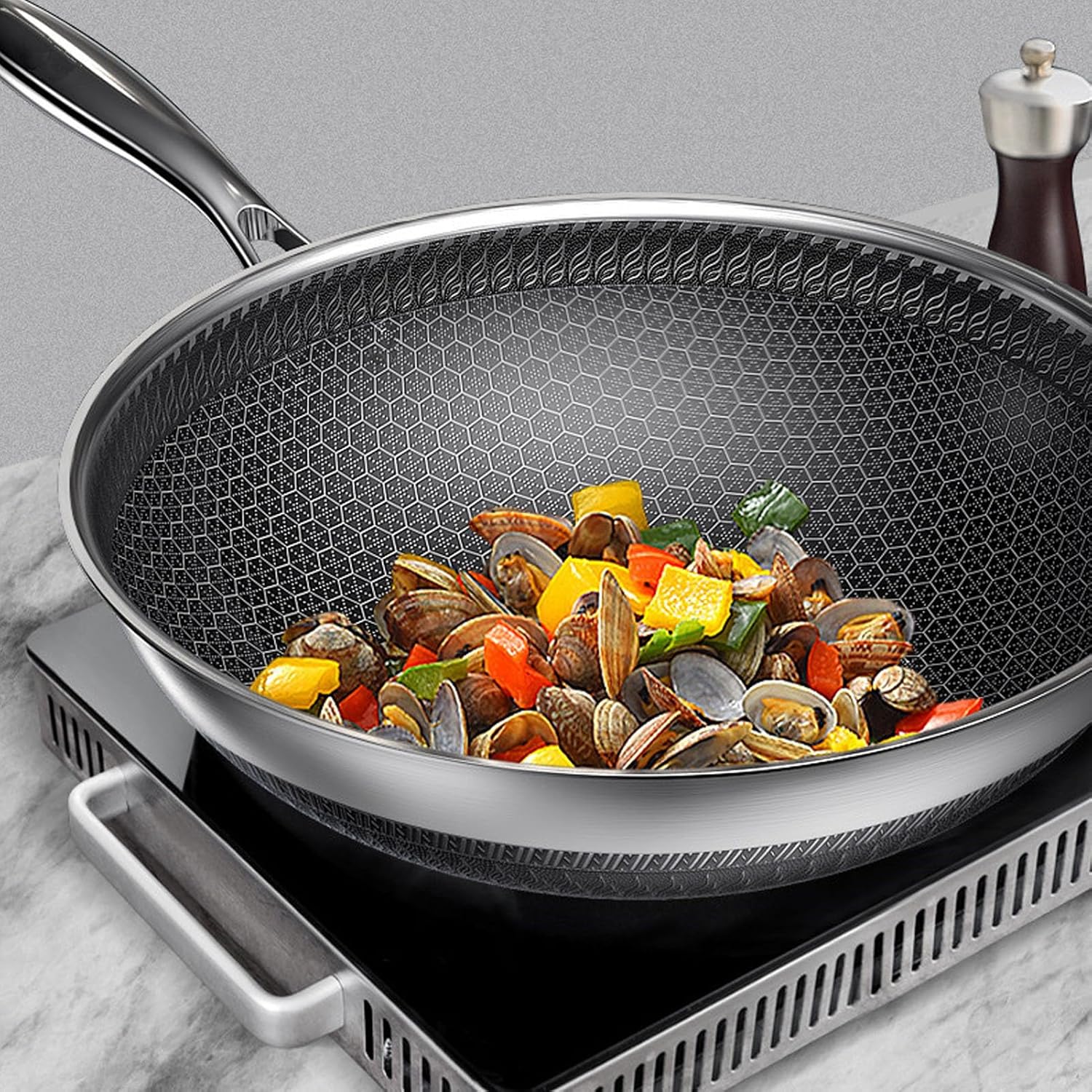 AUNMAS 316 Stainless Steel Frying Pan, Double SidedHoneycomb Thick Compound Pot Bottom Anti Stick Skillet with Lid Saute Pan for Home, Induction & Gas Cooktops Compatible (34cm)