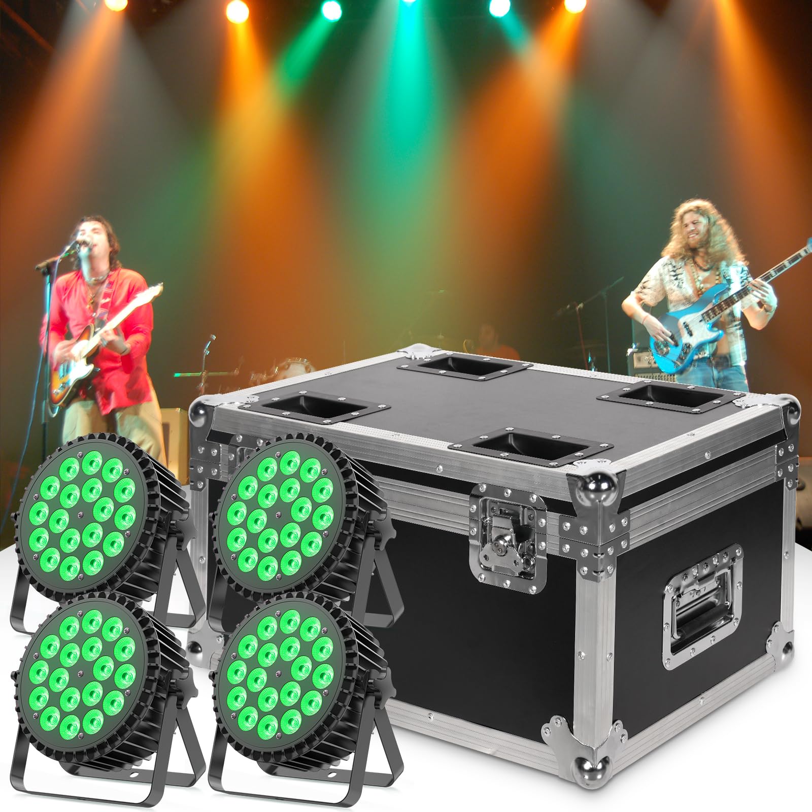 Custodia per il trasporto applicabile a 200 W 18 LED Par Faro (RGBW/RGB+UV/RGBWA+UV), custodia per 4 faretti LED, rigida/pelle/fodera in cotone/62,5 x 41 x 45,5 cm con ruote Flightcase