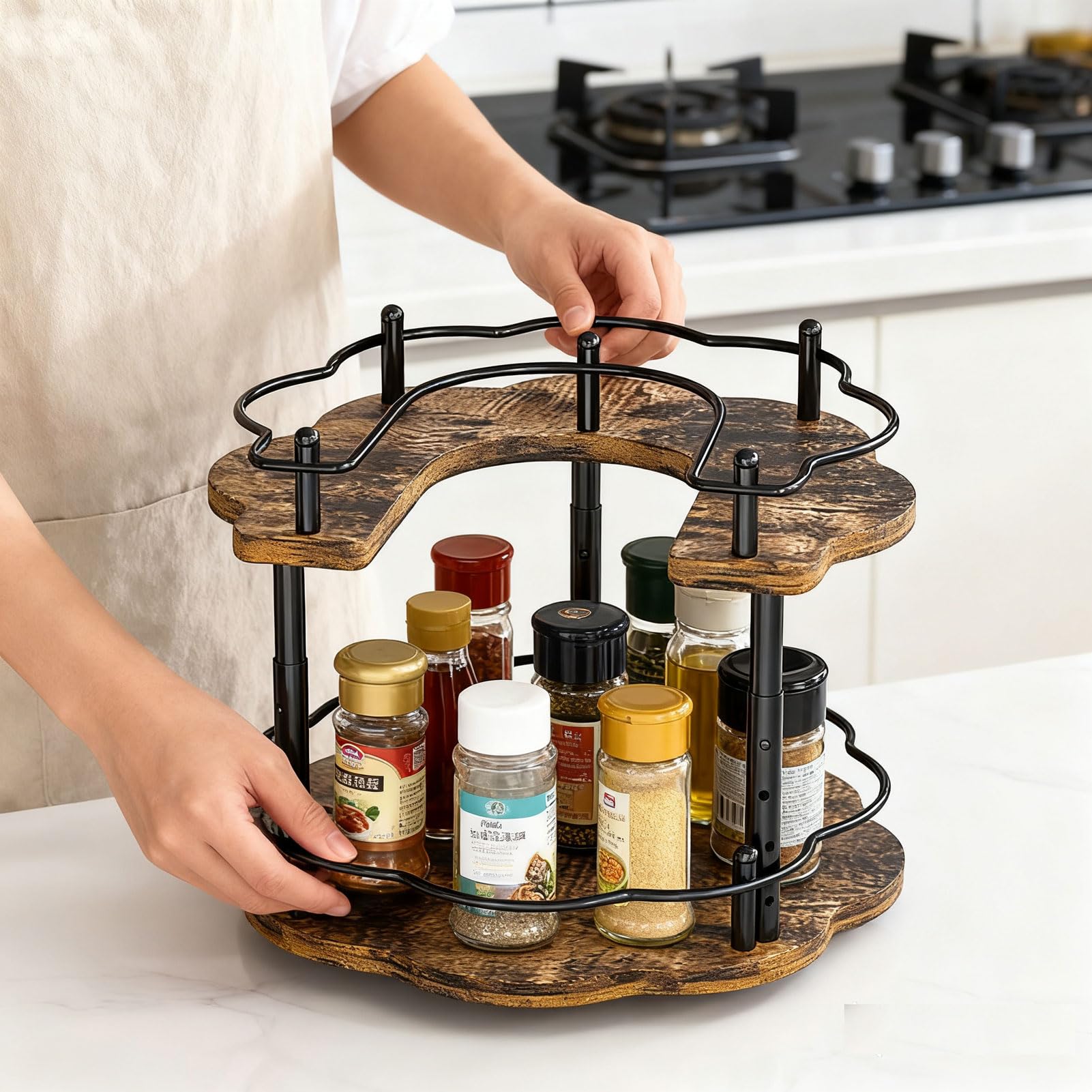 Organizador de platos giratorios de madera, estante para especias, giratorio, organizador de cocina, frigorífico, bandeja giratoria, rotativo, para cocina, espacio de trabajo (negro)