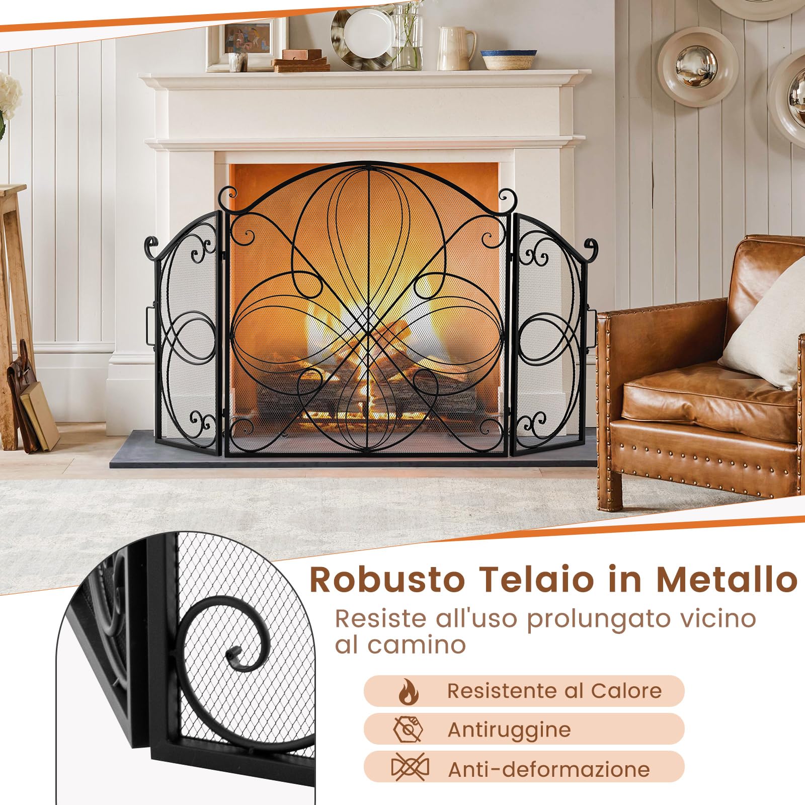 COSTWAY Parascintille per Camino 151 x 83 cm, Paraschizzi Pieghevole a 3 Ante con Motivo Floreale, Barriera Decorativa in Rete Metallica per Camino da Soggiorno