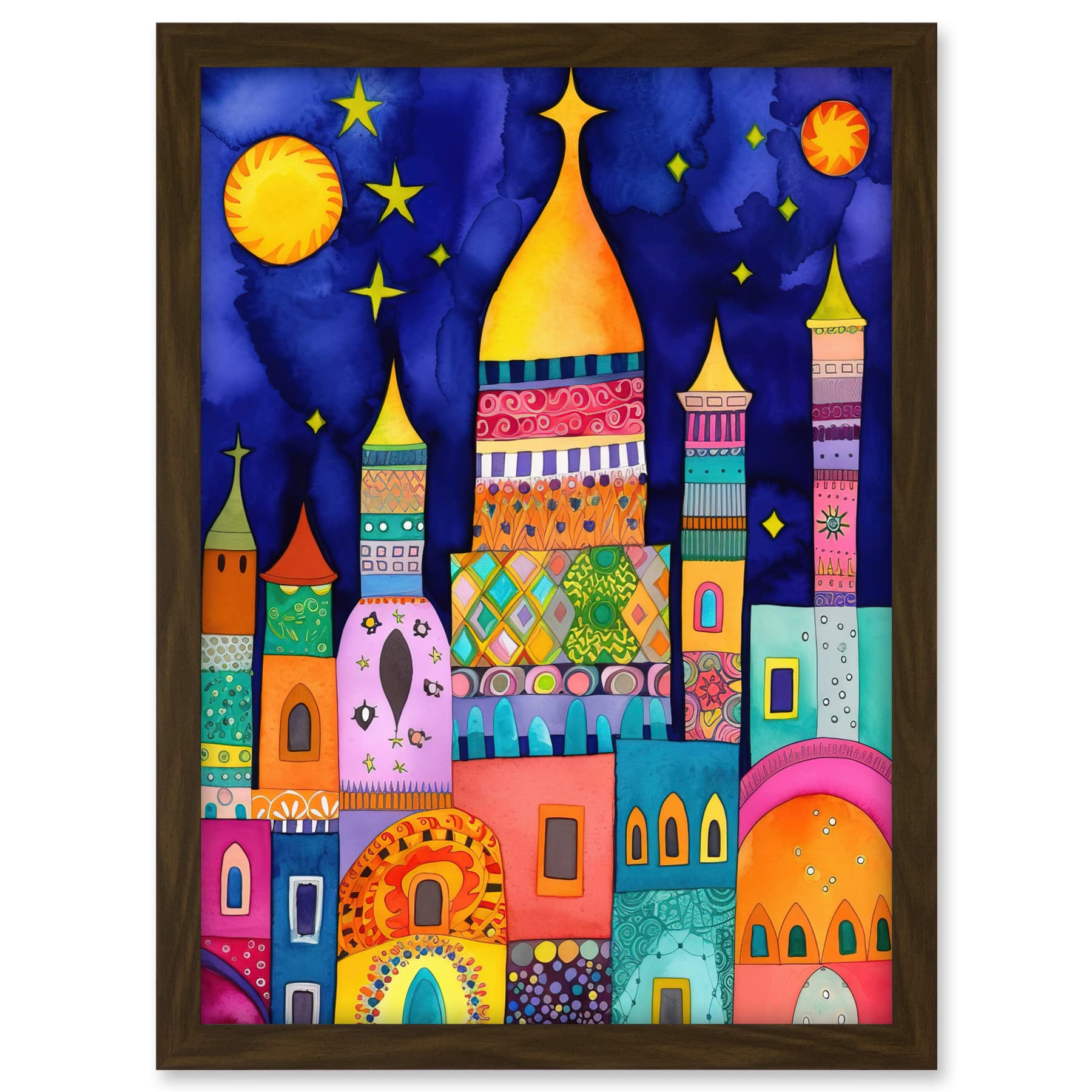 Artery8 Islamic Cityscape Moonlight Mosque Folk Art Artwork Framed A3 Wall Art Print