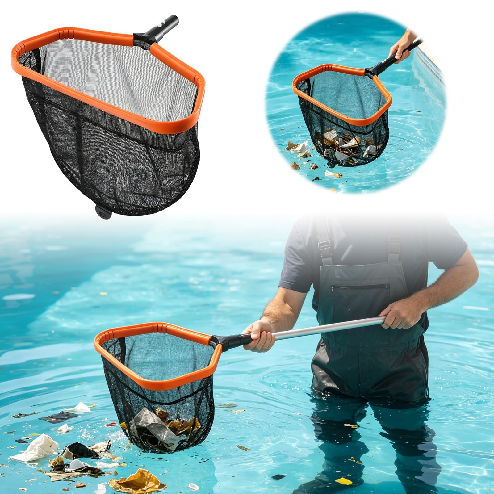 Pool Kescher, Professionelles Poolkescher aus Metall, Doppelschichtiger Tiefenkescher mit Aluminiumrahmen, Feinmaschig für Tiefes Netz zum Reinigen von Schwimmbadblättern, Insekten