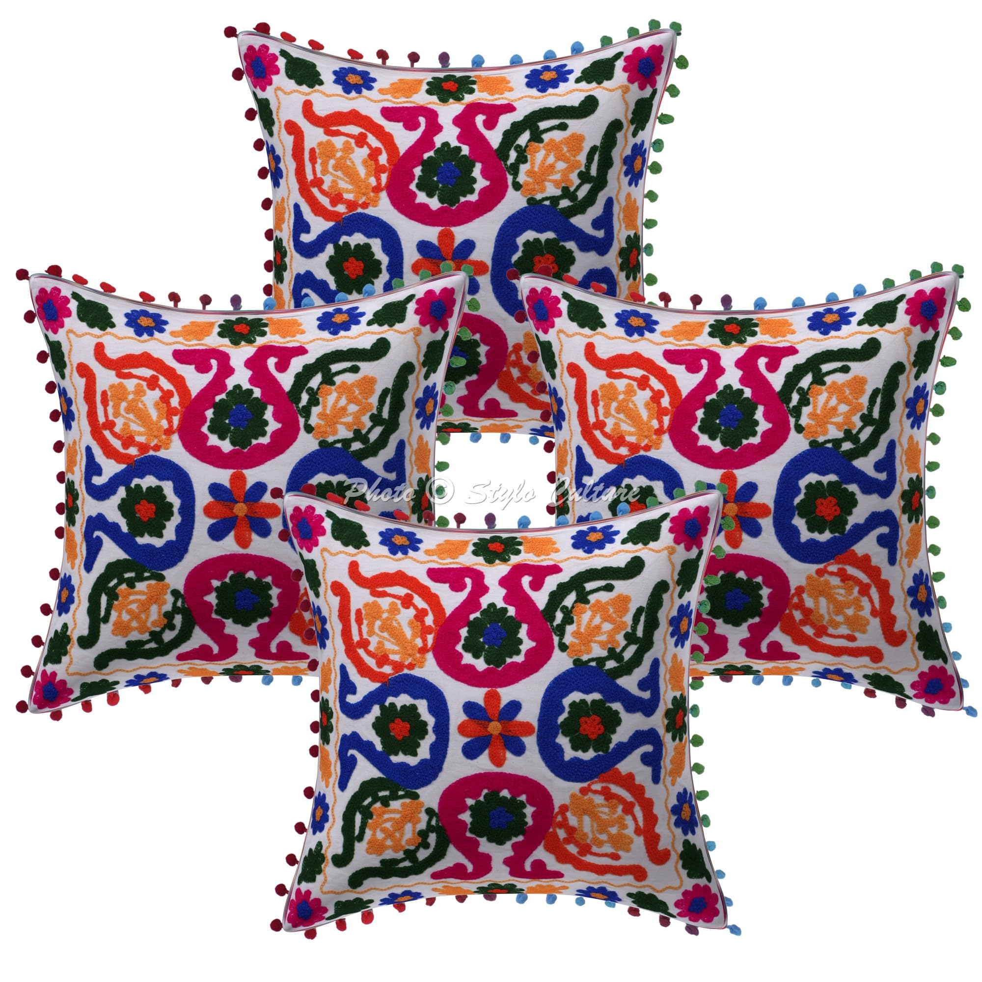 Indische Dekorativ Baumwolle Couch Kissenbezüge 40x40 cm Weiß Dekokissen Suzani Bestickte Pom Pom Spitze Schlafzimmer Sofa Kissen Bezüge Blumen Quadrat Kissenhullen - 4 STK.