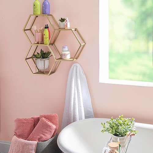 Vista 6 de Dealya Gold Metal Honeycomb Wall Shelves with Wood Shelves by Powell