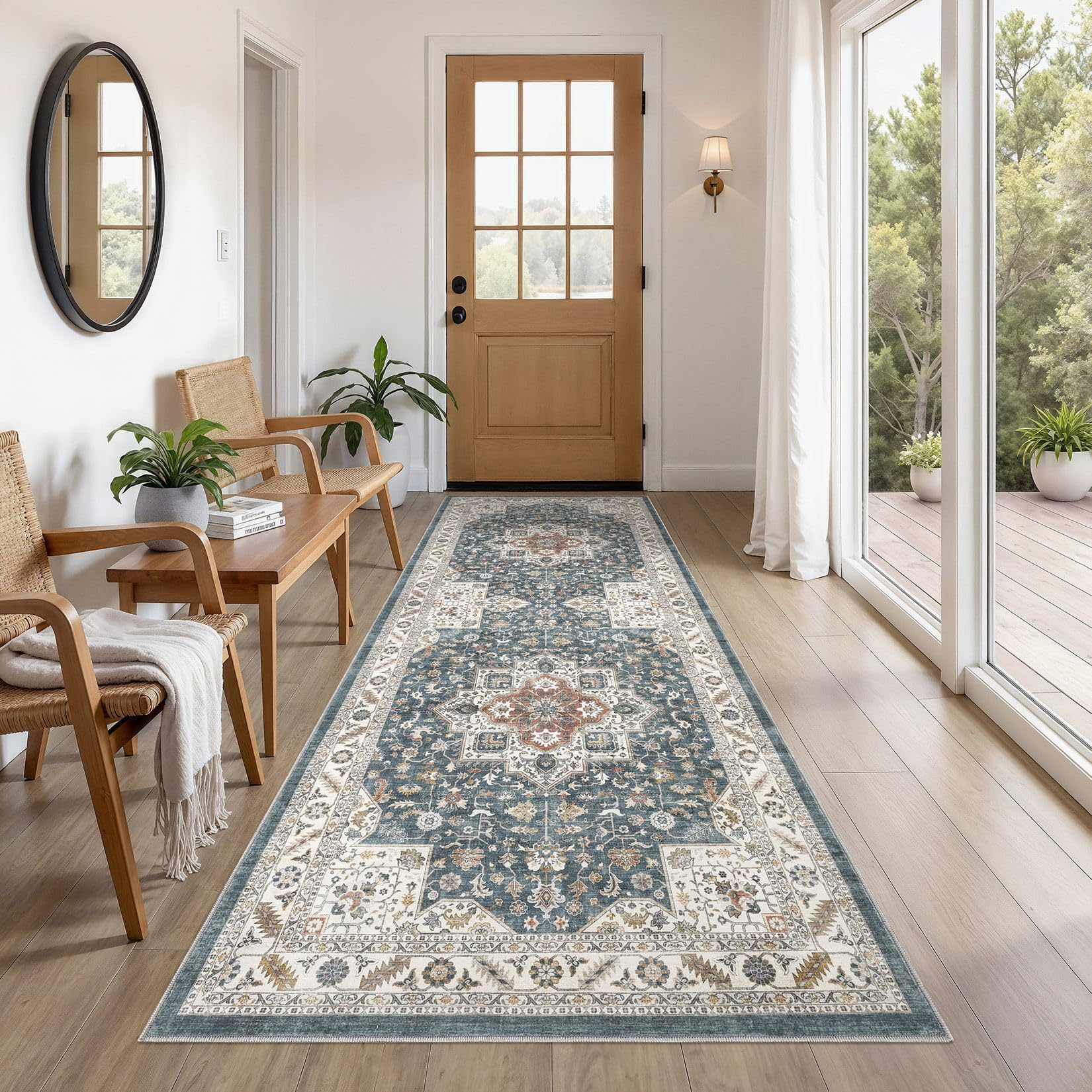 Vintage Hallway Runner Rug 3x8: Large Soft Washable Entryway for Kitchen Laundry Room Non-Slip Backing Runner for Entrance Living Room Bedroom Bathroom - Vintage Blue โ image 1