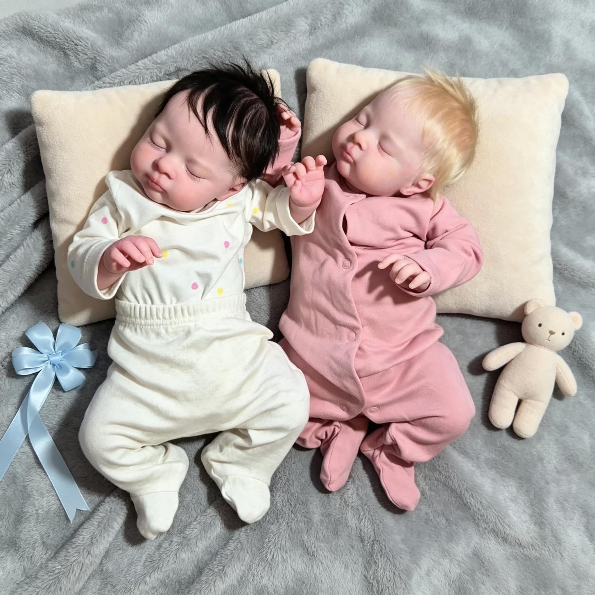RXDOLL Lebensechte Reborn Babypuppen Zwillinge 19 Zoll Schlafende Reborn Baby Zwillinge Weicher Stoffkörper, Realistische Babypuppen mit Haar, Neugeborenenpuppe Spielzeug für Kinder