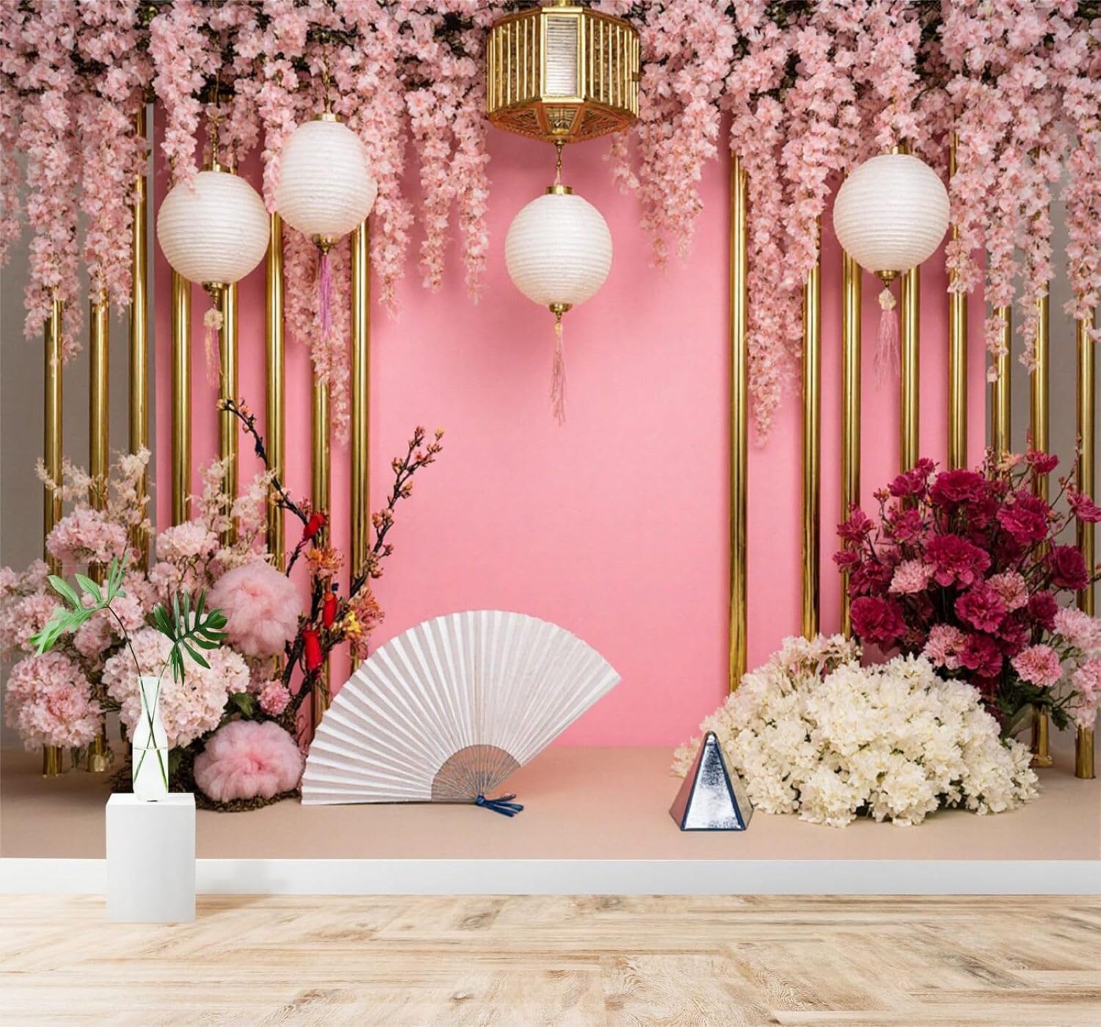 Xlming 150Cm×105Cm(B×H) Pink Cherry Blossoms Paper Lanterns Golden Pillars 3D Wallpaper Silky Texture Home Study Office Grey Dining Room Sofa Bedroom Living Room Tv Backdrop-150Cm×105Cm
