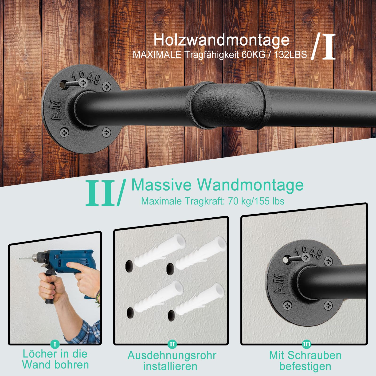 Kleiderstangen für die Wand, Industrielle Kleiderstange Wandmontage, 92 cm Strapazierfähige Kleiderstangen – Garderobenstange Wandmontage aus Metall für Zuhause, Geschäfte und Kleiderschränke