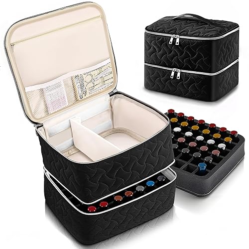DreamGenius Nail Polish Organizer Case Holds 42 Bottles, Portable Double-Layer Nail Polish Storage Bag with Adjustable Dividers for Manicure Tools, Black - Black