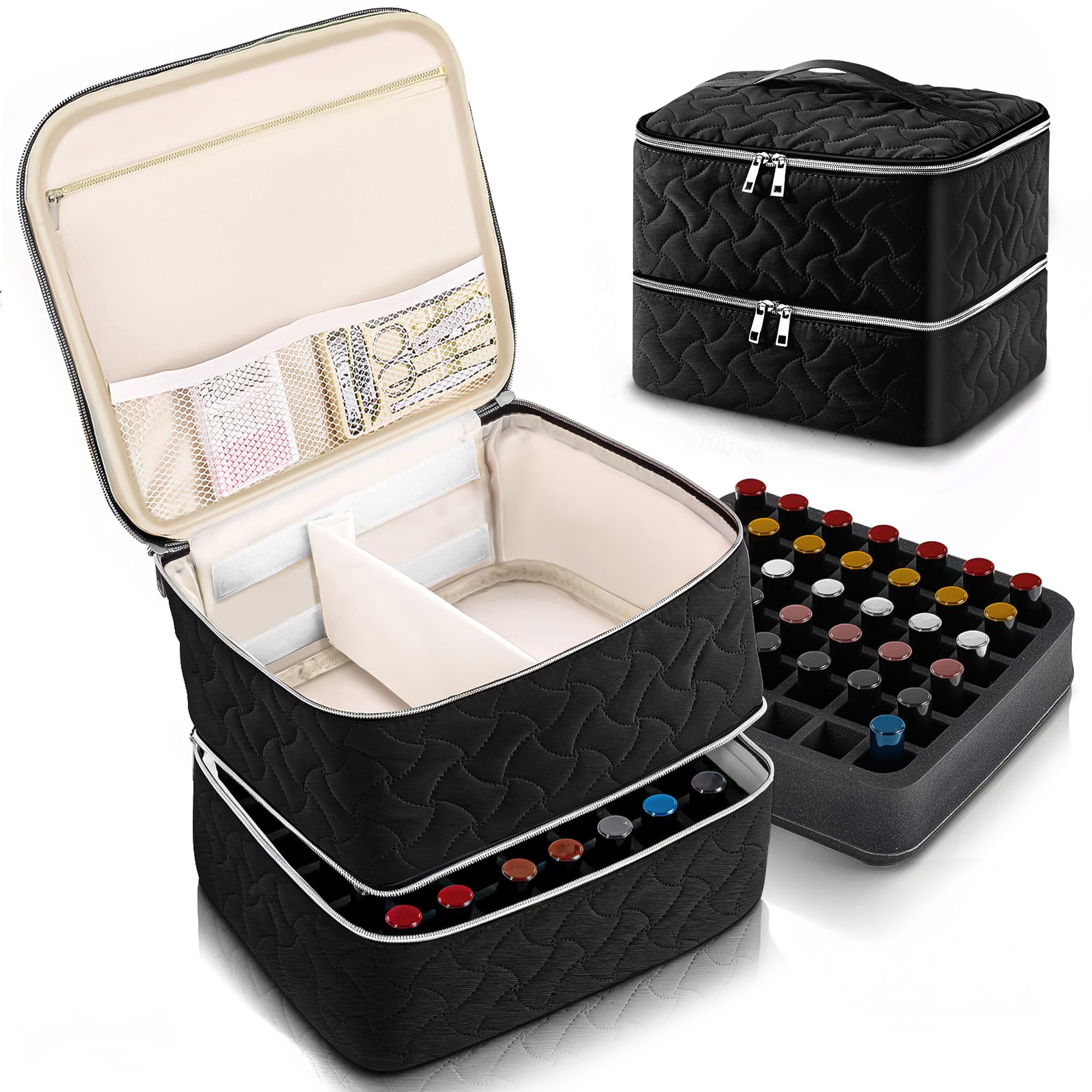 DreamGenius Nail Polish Organizer Case Holds 42 Bottles, Portable Double-Layer Nail Polish Storage Bag with Adjustable Dividers for Manicure Tools, Black