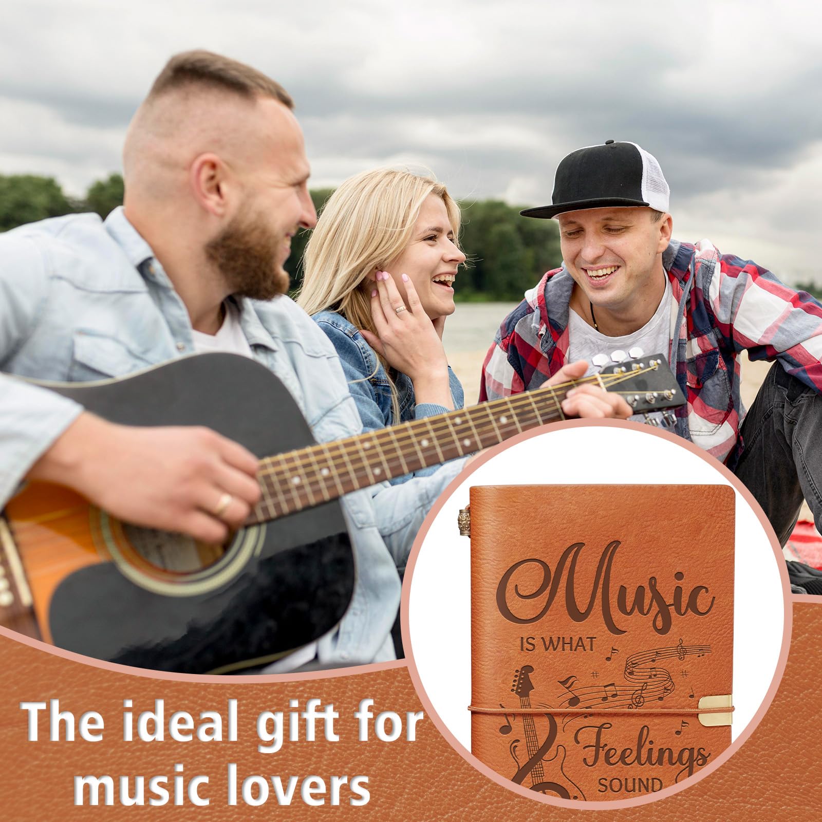 Music Lover Gifts for Women Men, Leather Journal Notebook with “Music Is What Feelings Sound Like” Quote, Refillable Leather Writing Journal for Musicians,Teacher, Songwriters