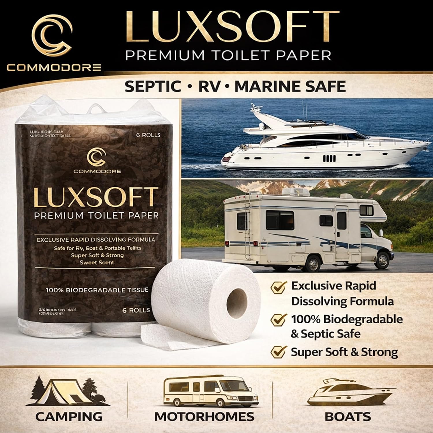 COMMODORE LUXSOFT Deluxe RV Toilet Paper (6 Rolls) - 3 Ply Premium Soft Quick Dissolving Septic Safe Marine 300 Sheets/Roll Boat Camper Bath Tissue Luxury Absorbent Comfort White | Quick Dissolving