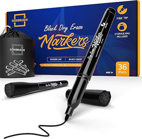 Scribbledo Paquete de 36 marcadores de borrado en seco, marcadores negros de punta fina con tapa de borrador, marcadores de pizarra blanca delgada